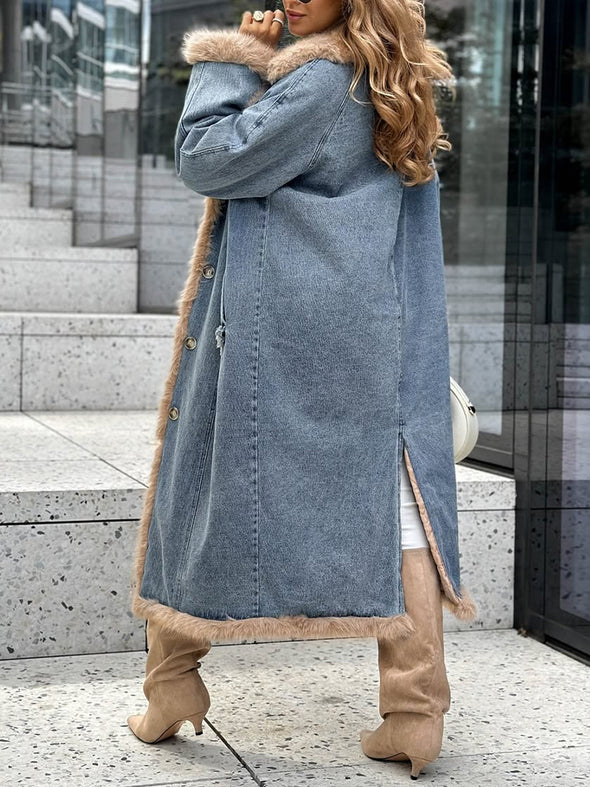 Womens Lapel Plush Spliced denim Temperament Casual Coat