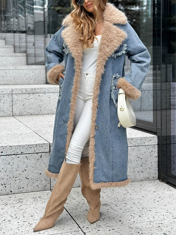 Womens Lapel Plush Spliced denim Temperament Casual Coat