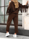 Women Round Neck Spliced tassel Top + Pants Casual Suit