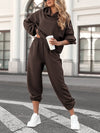 Women Round Neck Hooded Solid Color Casual Suit