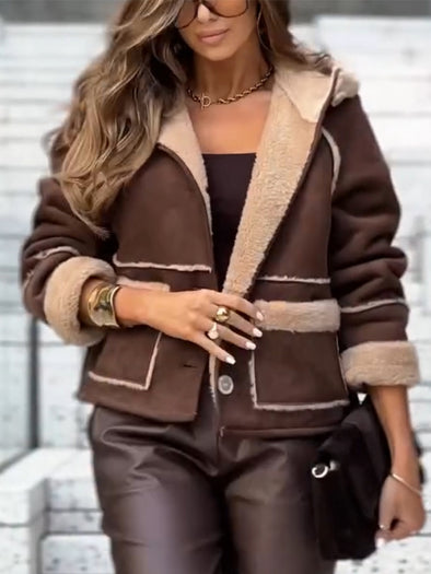 Womens Hooded Plush Spliced casual Jacket