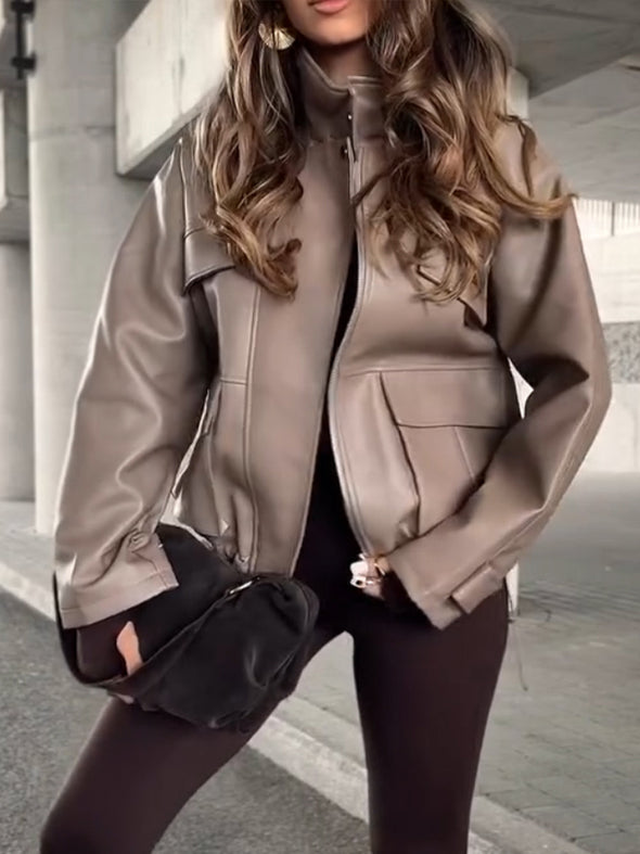 Women Stand-up Collar Zipper Temperament Leather Jacket
