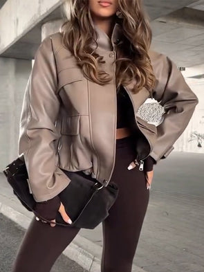 Women Stand-up Collar Zipper Temperament Leather Jacket