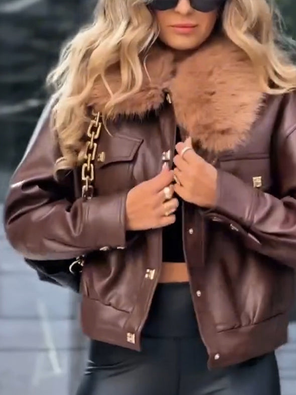 Women Fur Collar Temperament Casual Leather Jacket