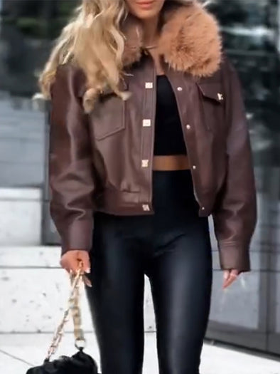 Women Fur Collar Temperament Casual Leather Jacket