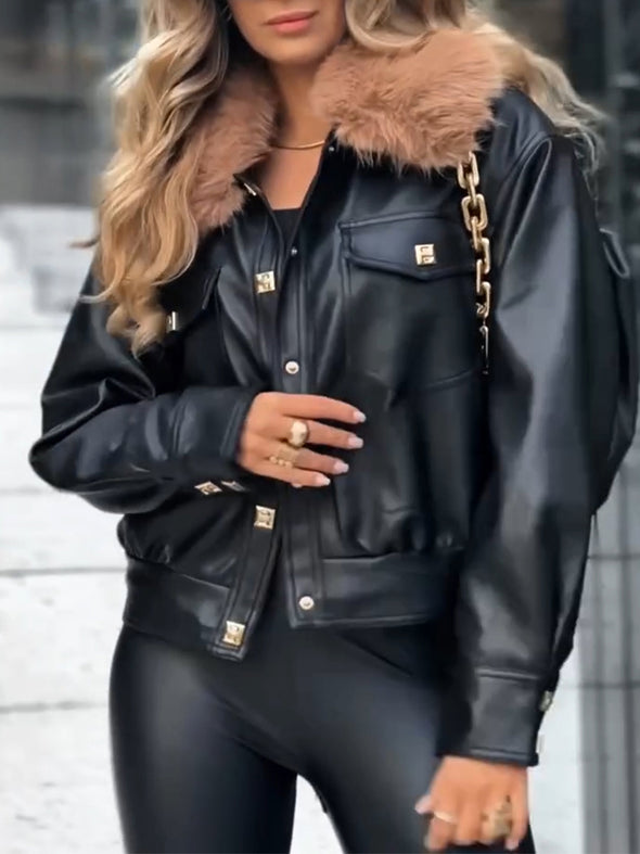 Women Fur Collar Temperament Casual Leather Jacket