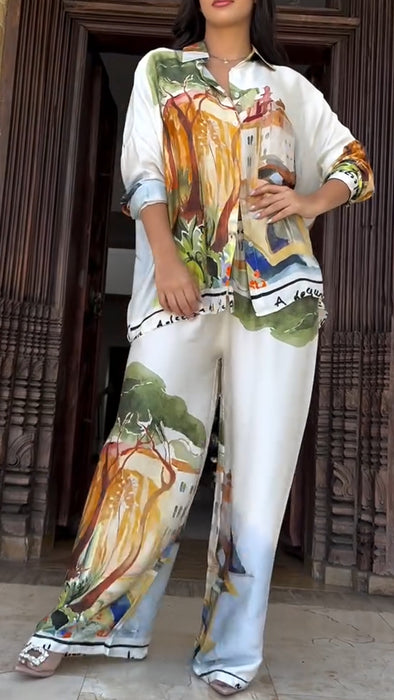 Women Lapel Print Loose Casual Suit