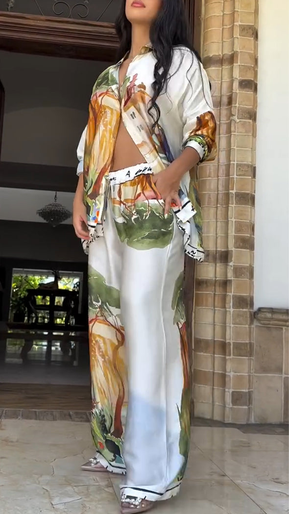 Women Lapel Print Loose Casual Suit
