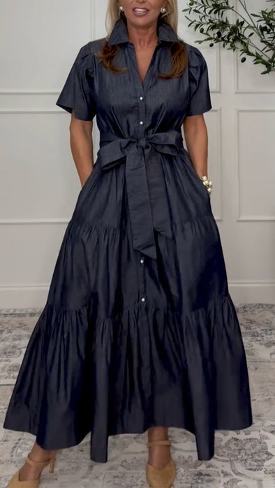 Women Lapel Spliced and Breasted Casual Dress
