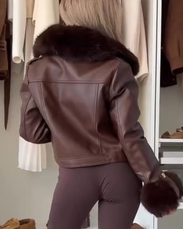 Womens Fur Collar Leather Temperament Casual Jacket