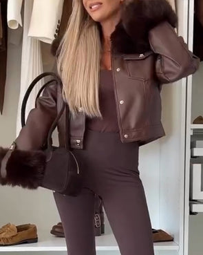 Womens Fur Collar Leather Temperament Casual Jacket