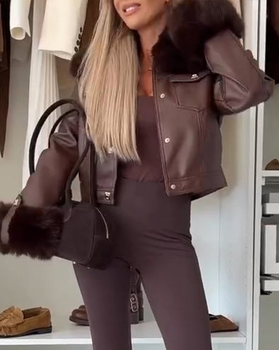 Womens Fur Collar Leather Temperament Casual Jacket