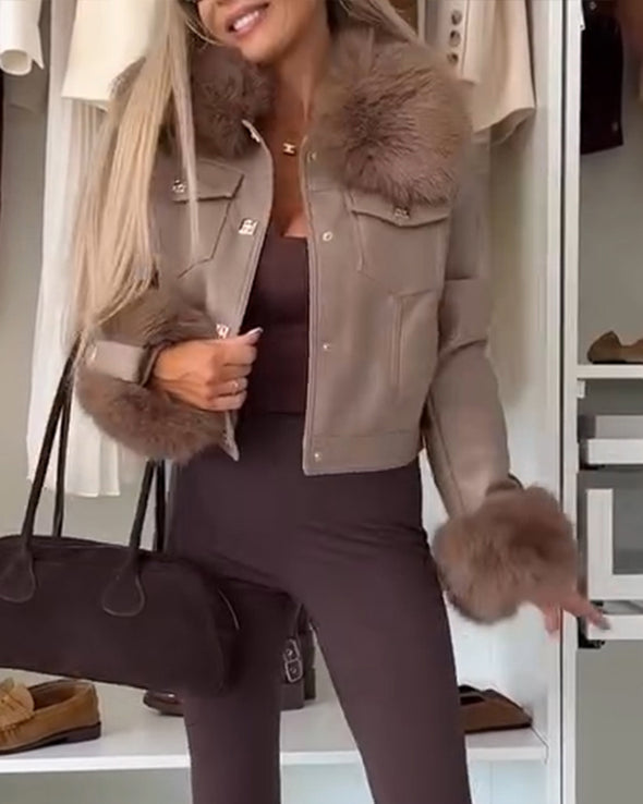 Womens Fur Collar Leather Temperament Casual Jacket