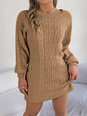 Women Round Neck Solid Color Lantern Sleeve Straight Sweater Dress
