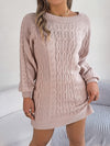 Women Round Neck Solid Color Lantern Sleeve Straight Sweater Dress