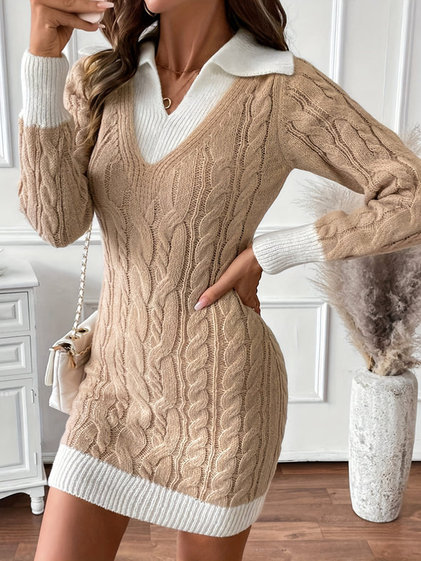 Womens Doll Collar Color Plug Knitted Short Dress