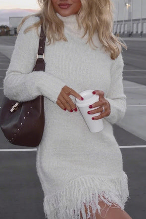 Women Turtleneck Tassel Knitted Sweater Dress