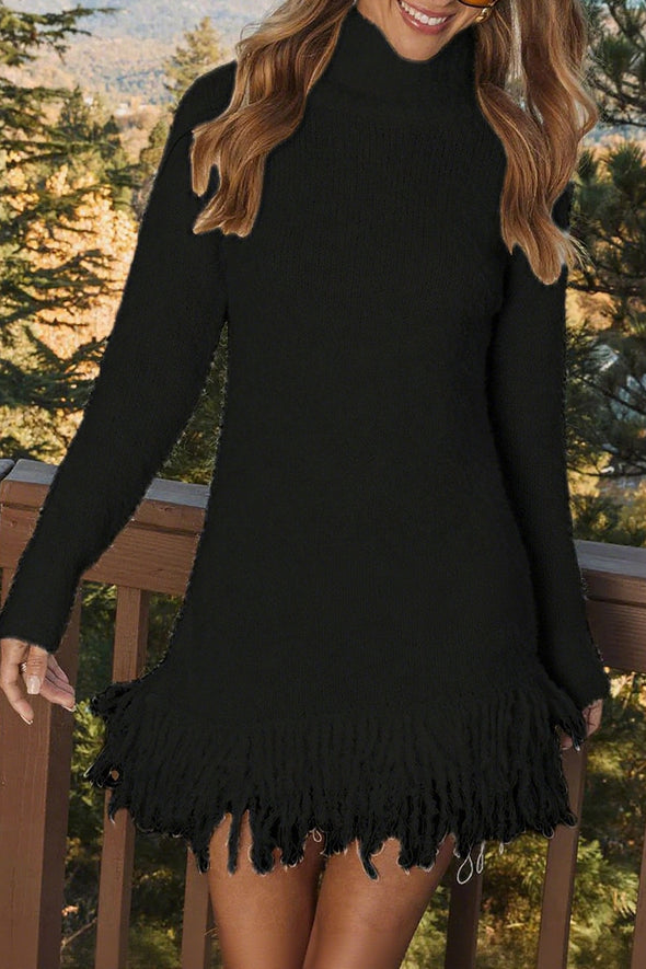 Women Turtleneck Tassel Knitted Sweater Dress