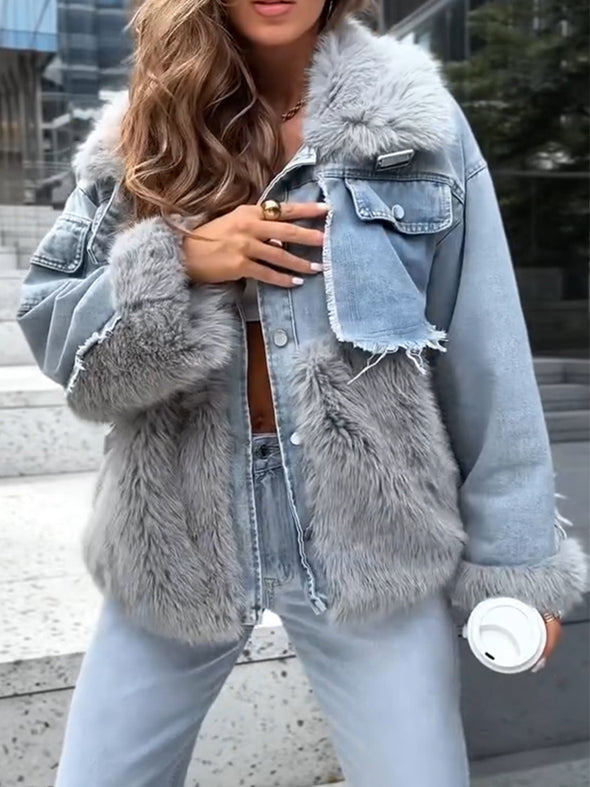 Womens Fur Collar Splicing Temperament Casual Coat