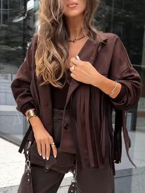 Womens Lapel Spliced tassel Casual Jacket