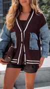 Women Knitted Spliced denim Casual Cardigan