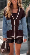 Women Knitted Spliced denim Casual Cardigan