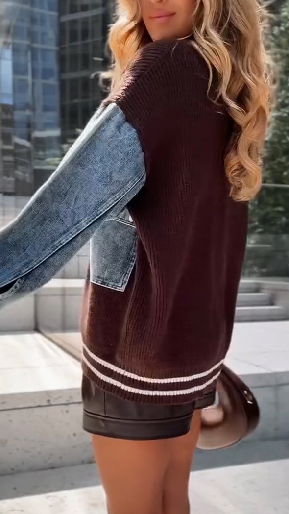 Women Knitted Spliced denim Casual Cardigan