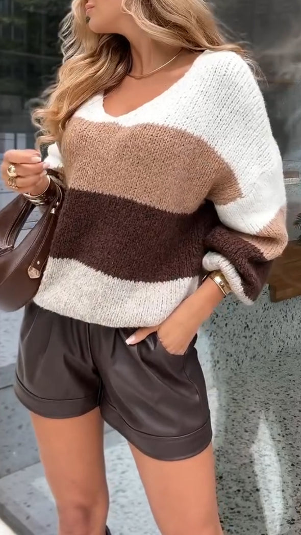 Womens Round Neck Contrast Color Knitted Casual Sweater