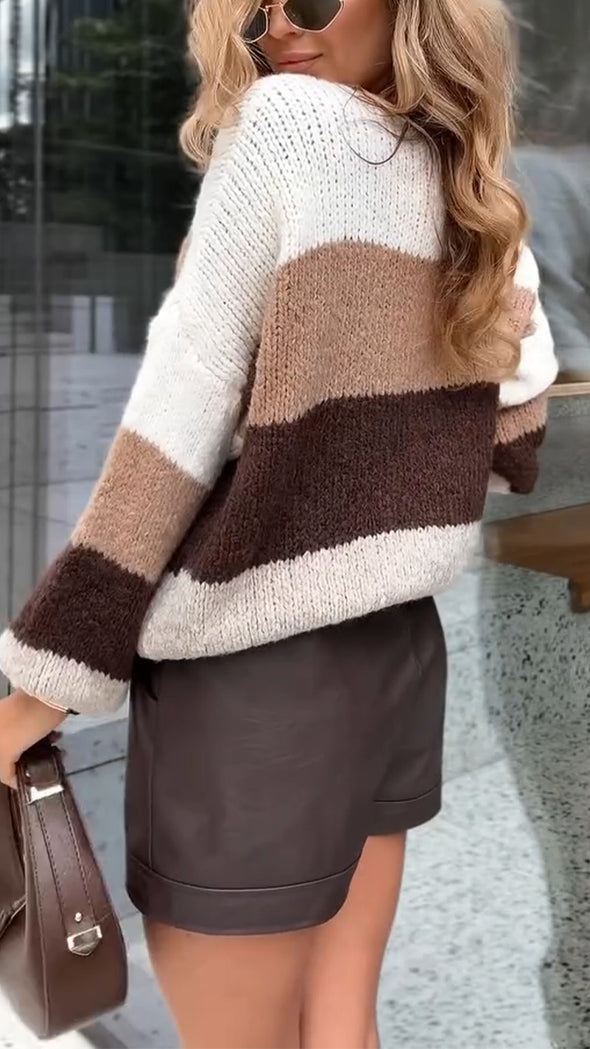 Womens Round Neck Contrast Color Knitted Casual Sweater