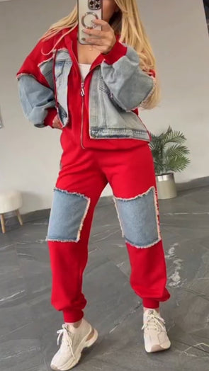 Womens Round Neck Hooded Spliced denim Casual Suit