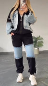 Womens Round Neck Hooded Spliced denim Casual Suit