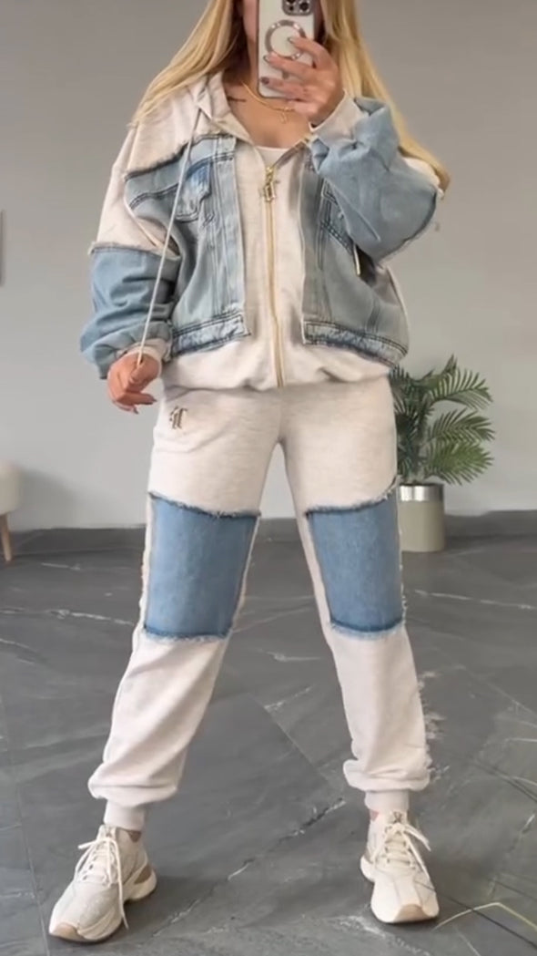 Womens Round Neck Hooded Spliced denim Casual Suit
