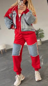 Womens Round Neck Hooded Spliced denim Casual Suit