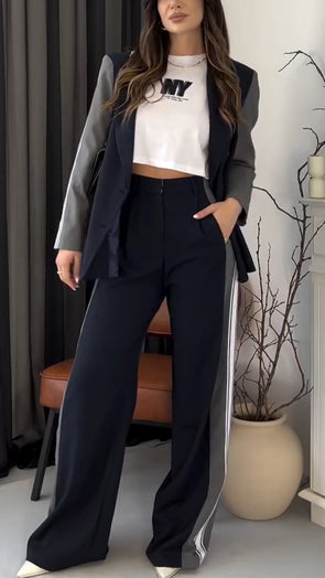 Womens Lapel Contrast Jacket + Pants Temperament Commuting Suit