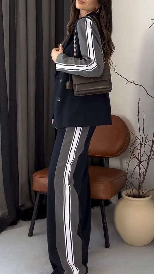 Womens Lapel Contrast Jacket + Pants Temperament Commuting Suit