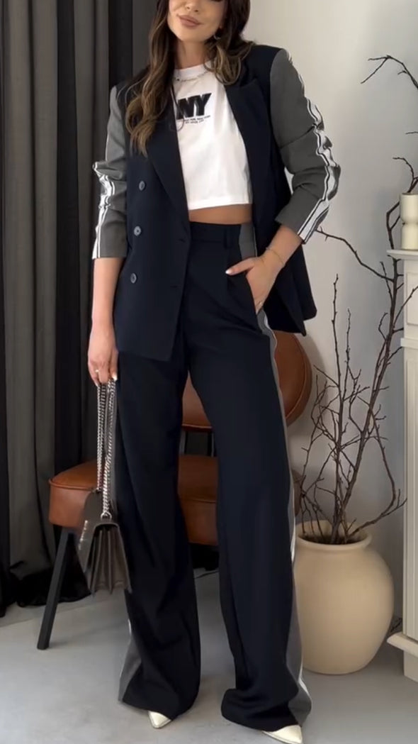 Womens Lapel Contrast Jacket + Pants Temperament Commuting Suit