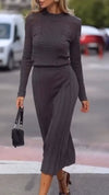 Womens Round Neck Printed Top + Skirt Elegant Casual Suit