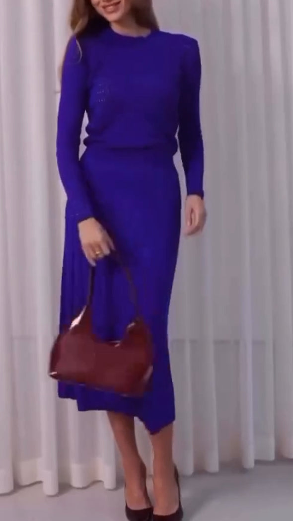 Womens Round Neck Printed Top + Skirt Elegant Casual Suit