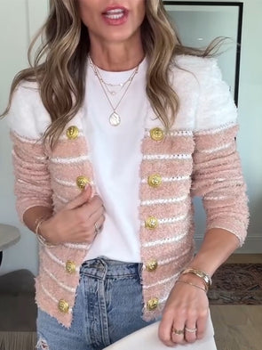 Womens Double-breasted Contrasting Color Casual Wool Cardigan