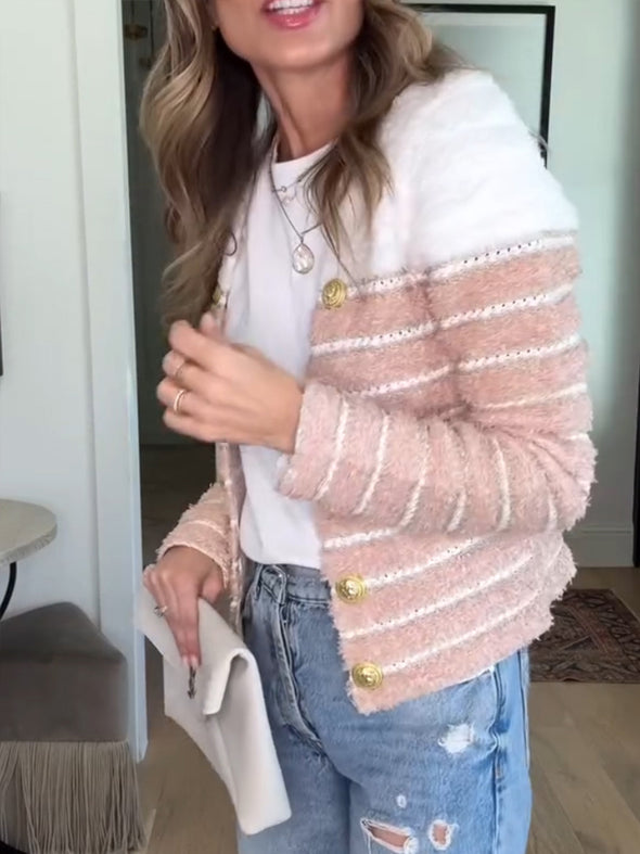 Womens Double-breasted Contrasting Color Casual Wool Cardigan