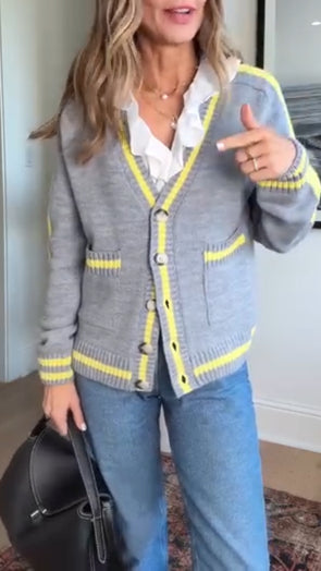 Women Breasted Contrast Color Casual Knitted Cardigan