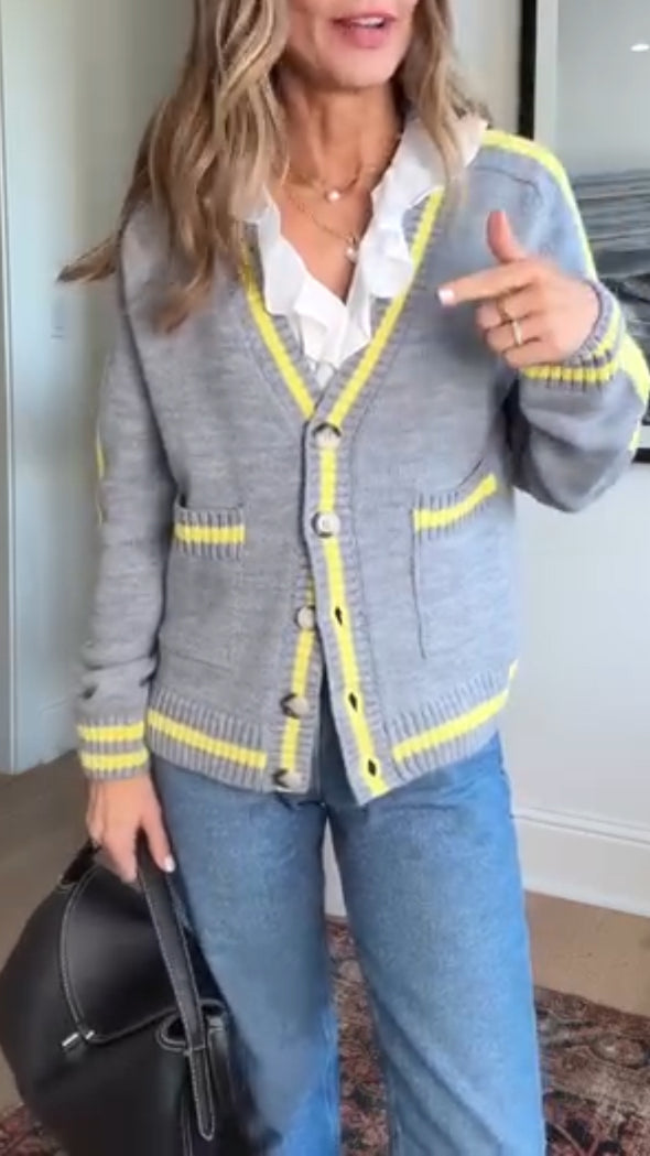 Women Breasted Contrast Color Casual Knitted Cardigan