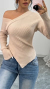 Womens Slanted Collar Knitted Casual Top