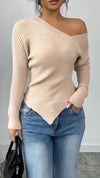 Womens Slanted Collar Knitted Casual Top