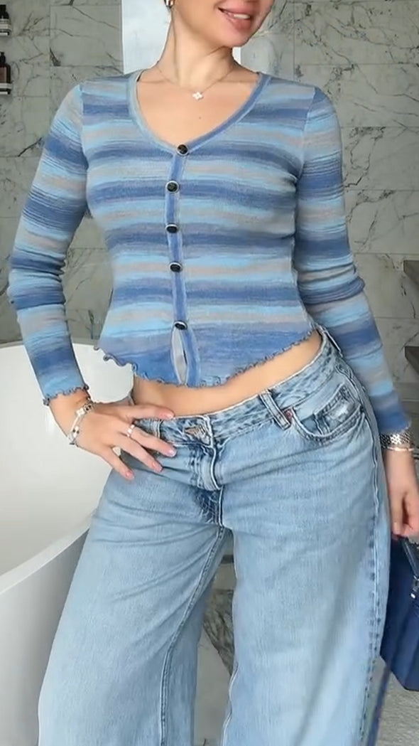 Women Round Neck and Breasted Contrasting Casual Top