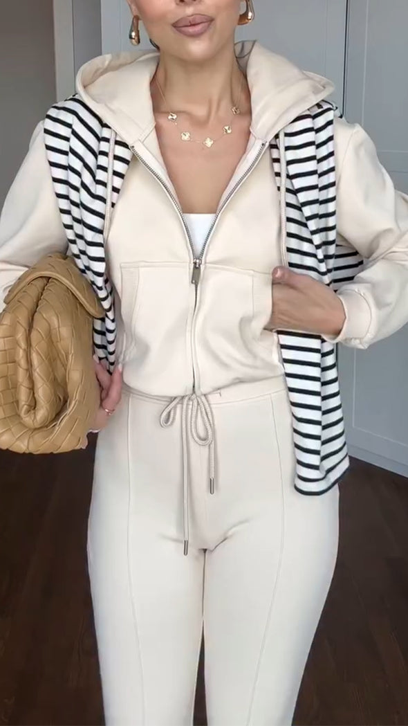 Womens Round Neck Hooded Jacket + Pants Casual Suit