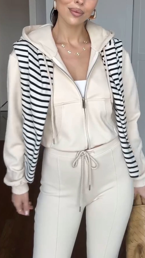 Womens Round Neck Hooded Jacket + Pants Casual Suit