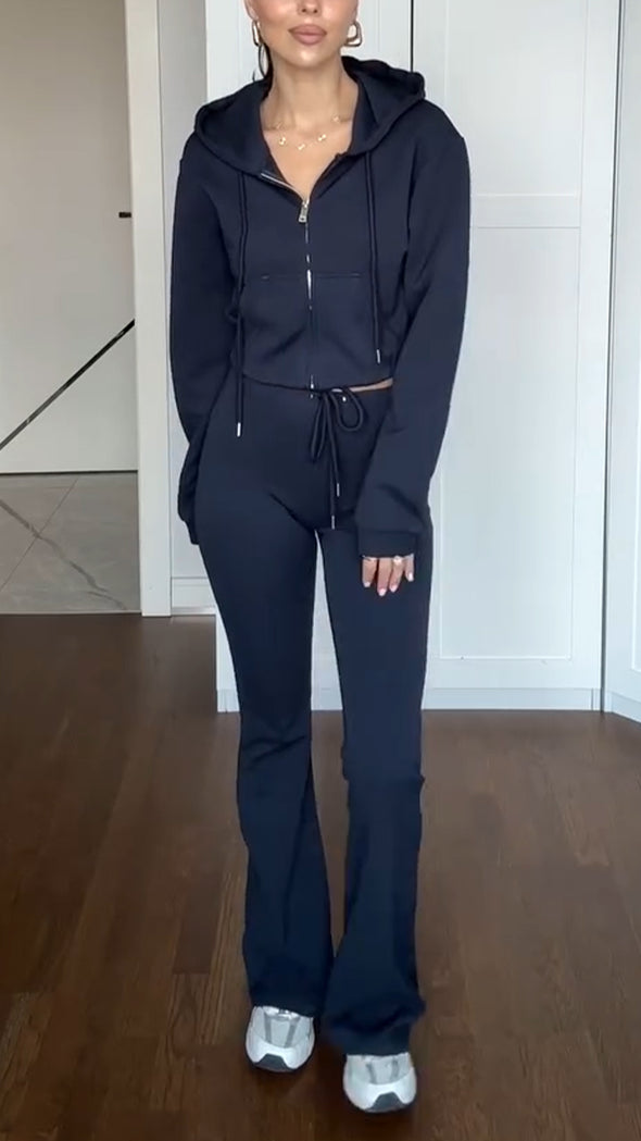 Womens Round Neck Hooded Jacket + Pants Casual Suit