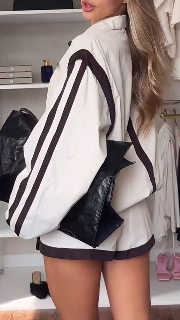 Women Lapel Vertical Jacket + Shorts Casual Set