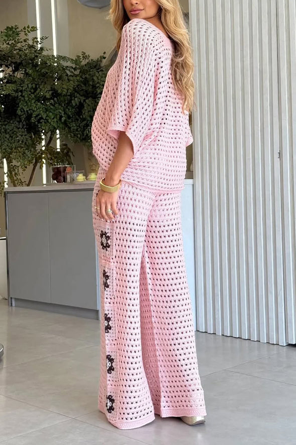 Women V-neck Hollow Print Casual Set